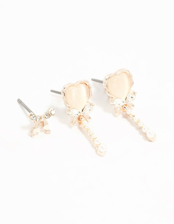 Rose Gold Dainty Heart & Bow 3-Pack Earrings