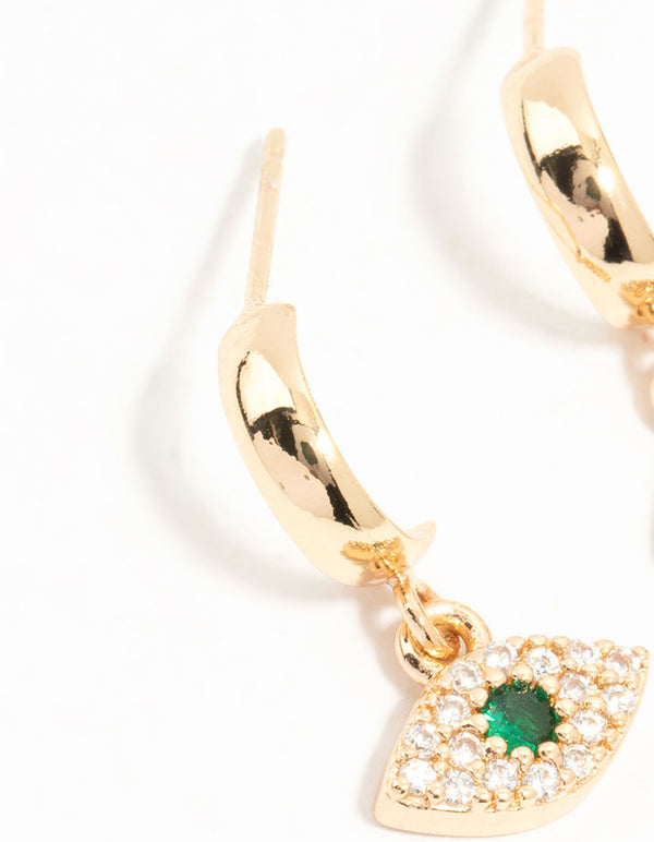 Gold Cubic Zirconia Evil Eye Huggie Drop Earrings