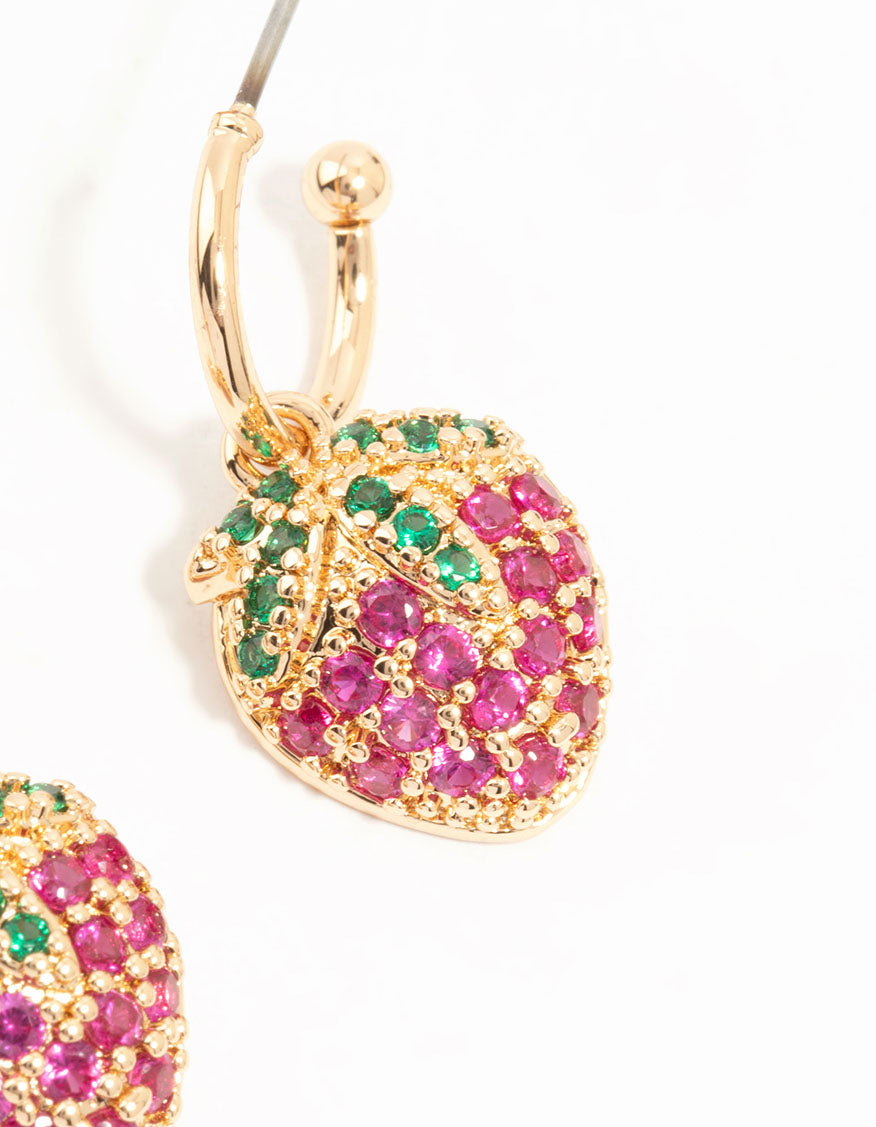 Gold Cubic Zirconia Strawberry Drop Huggie Earrings
