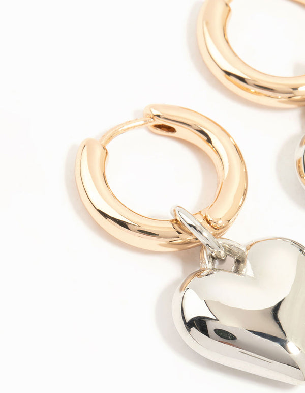 Mixed Metals Medium Chubby Heart Drop Huggie Earrings