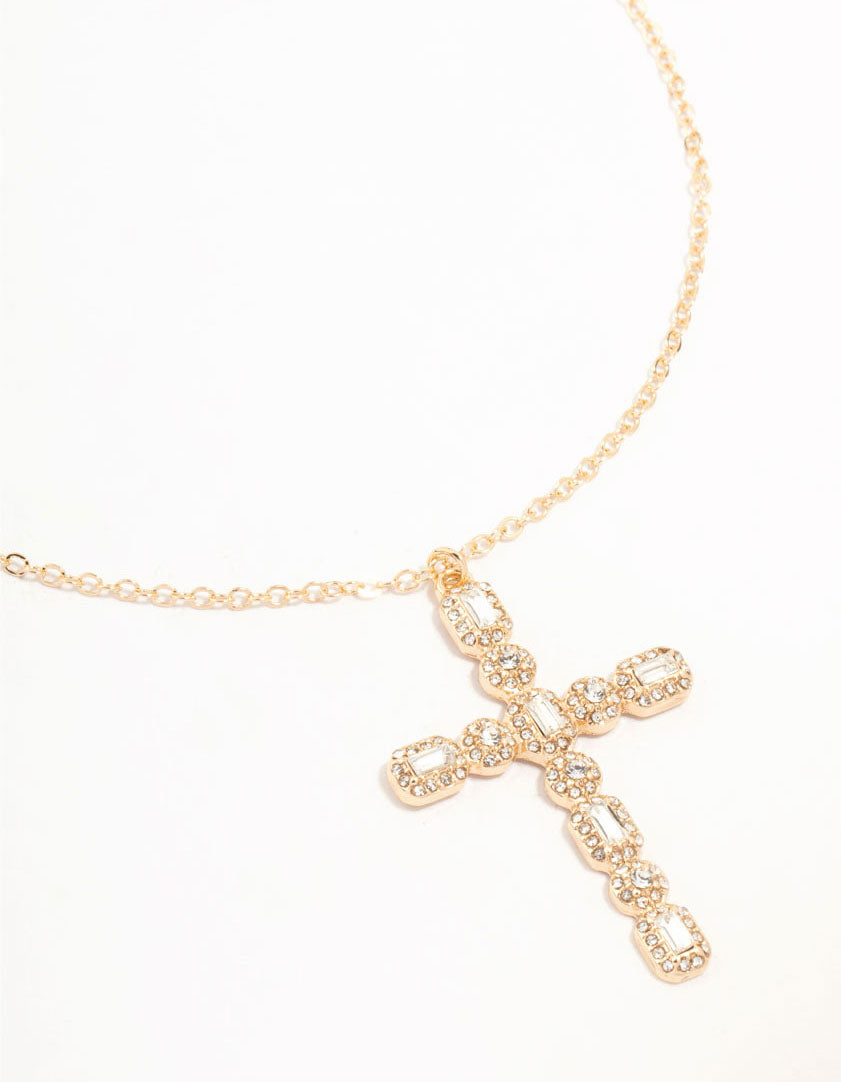 Gold Statement Diamante Cross Necklace
