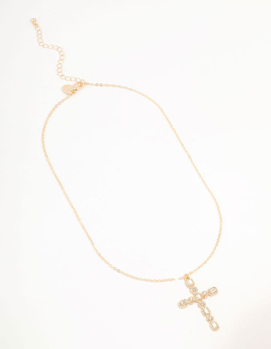 Gold Statement Diamante Cross Necklace