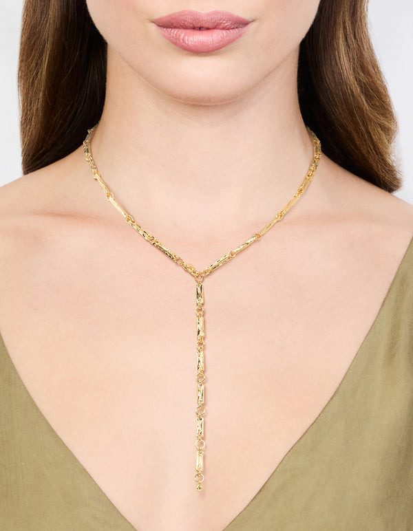 Gold Plated Rectangle & Hammered Y-Necklace