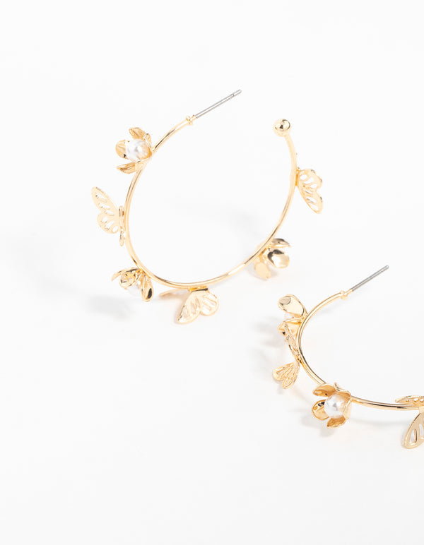 Gold Flower Butterfly Hoop Earrings