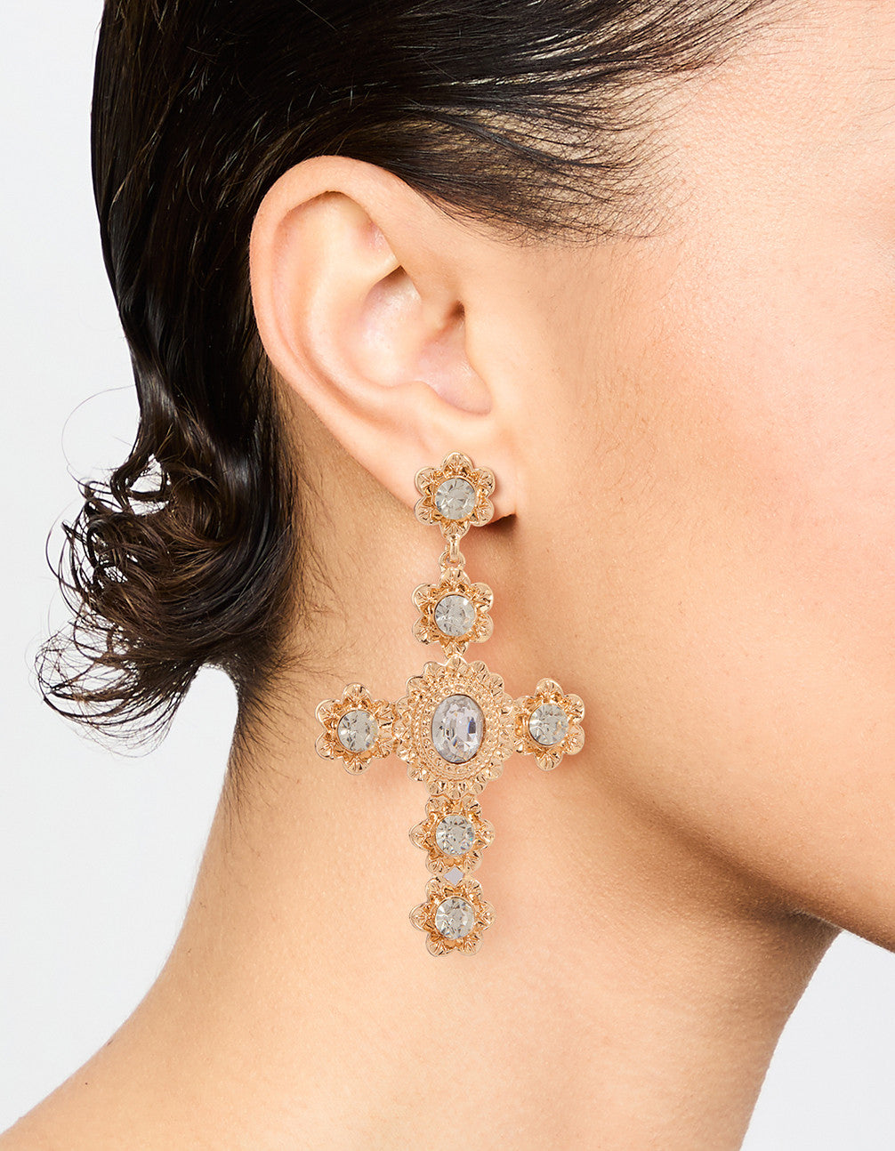 Gold Stone Flower Cross Drop Earrings