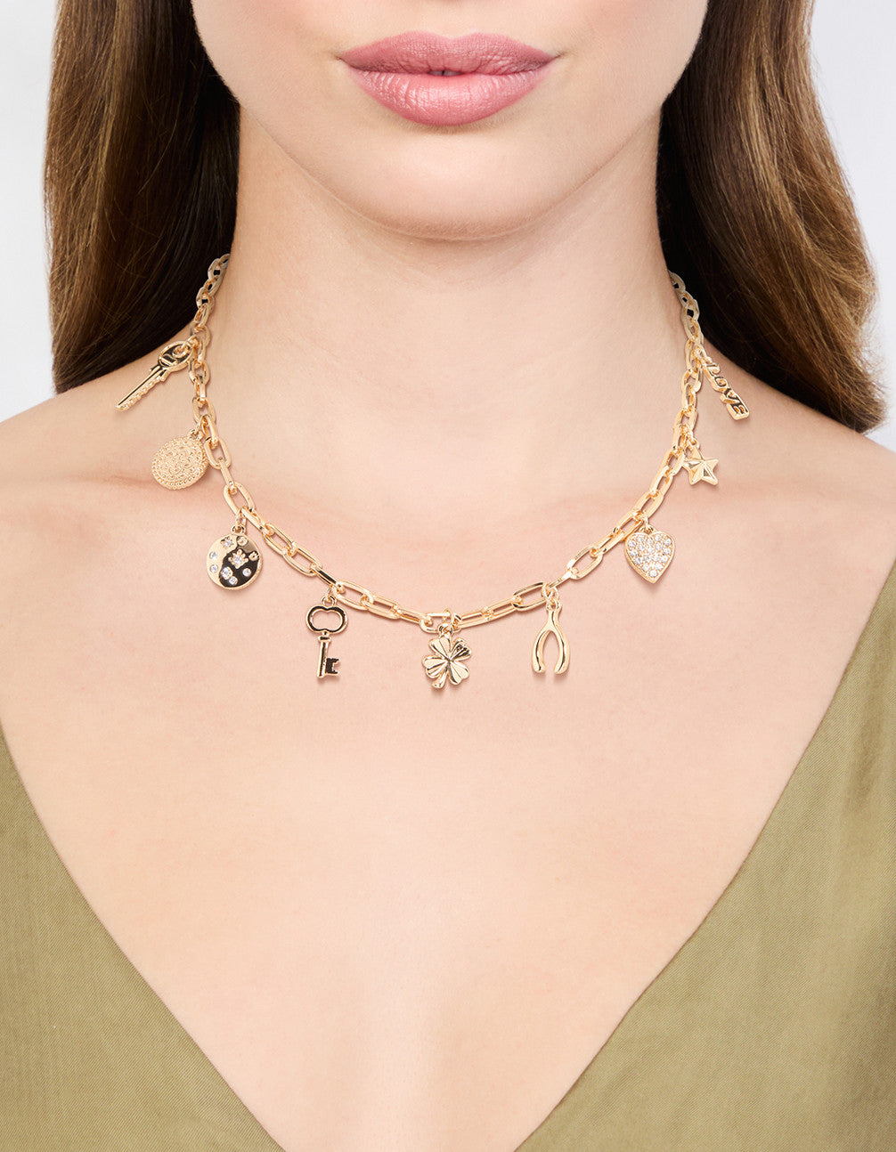 Gold Four Leaf Clover & Horseshoe Charm Necklace