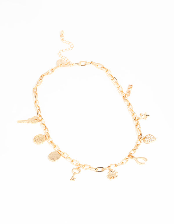 Gold Four Leaf Clover & Horseshoe Charm Necklace