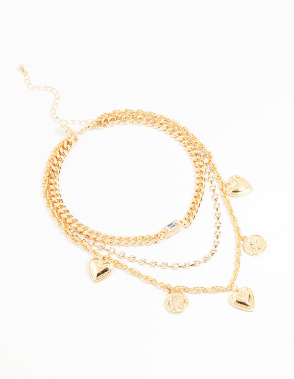 Gold Heart & Disc Choker Layered Necklace