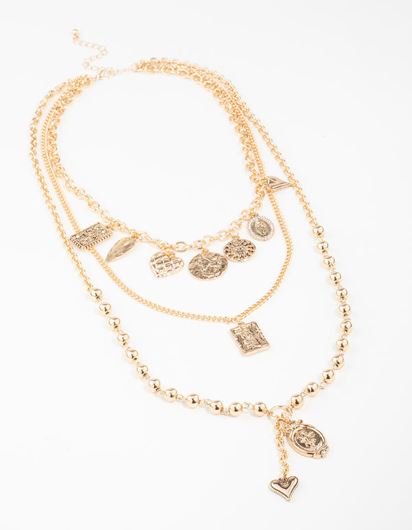 Gold Heart & Textured Charm Layered Necklace