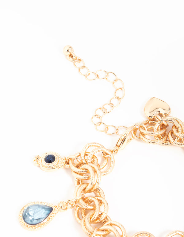 Gold Diamante & Heart Charm Bracelet