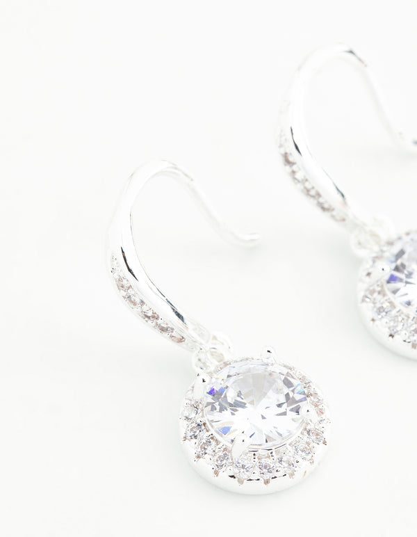 Silver Plated Round Halo Cubic Zirconia Drop Earrings