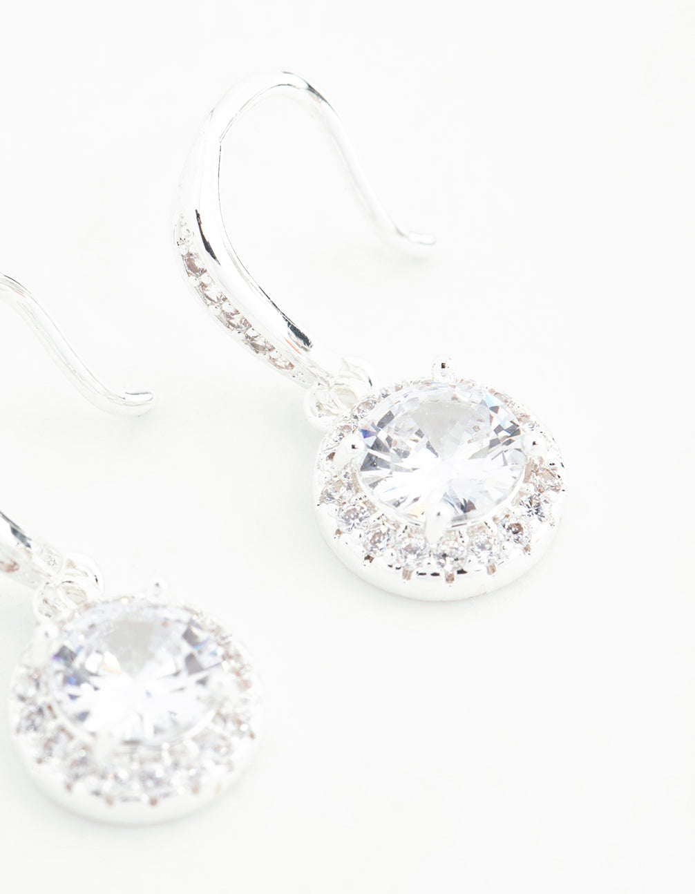 Silver Plated Round Halo Cubic Zirconia Drop Earrings