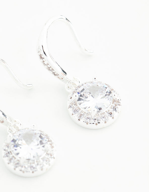 Silver Plated Round Halo Cubic Zirconia Drop Earrings