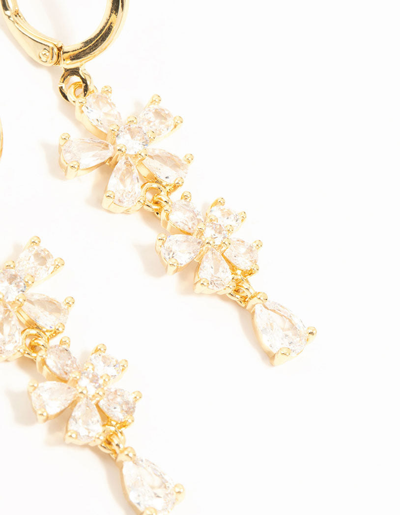 Gold Plated Cubic Zirconia Flower Drop Earrings