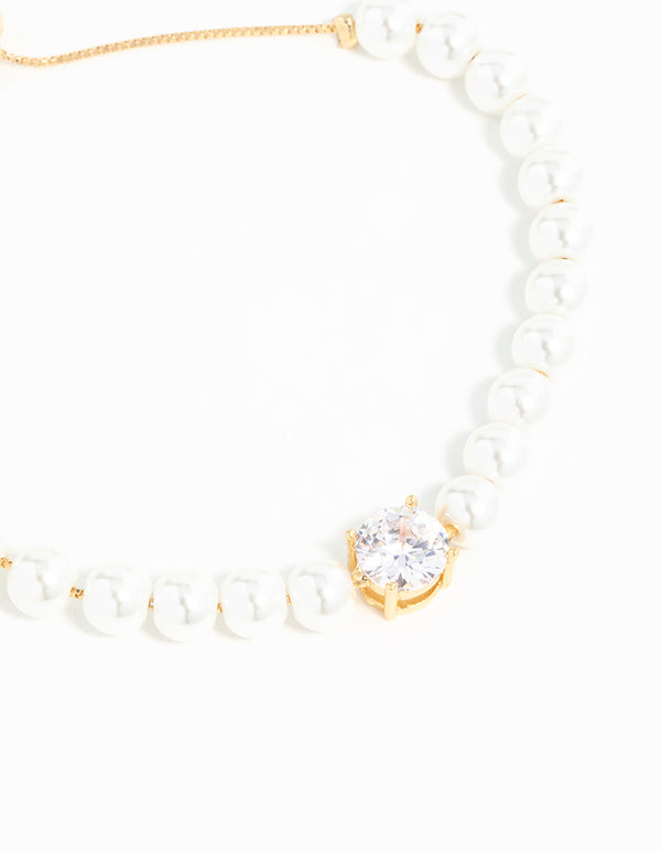 Gold Plated Pearl & Cubic Zirconia Toggle Bracelet