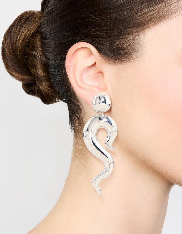 Silver Plated Long Swirl Stud Earrings