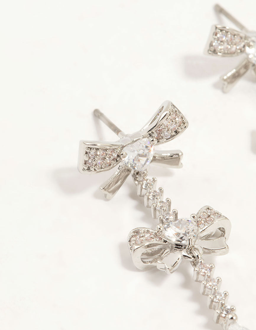 Silver Plated Cubic Zirconia Bow Drop Earrings