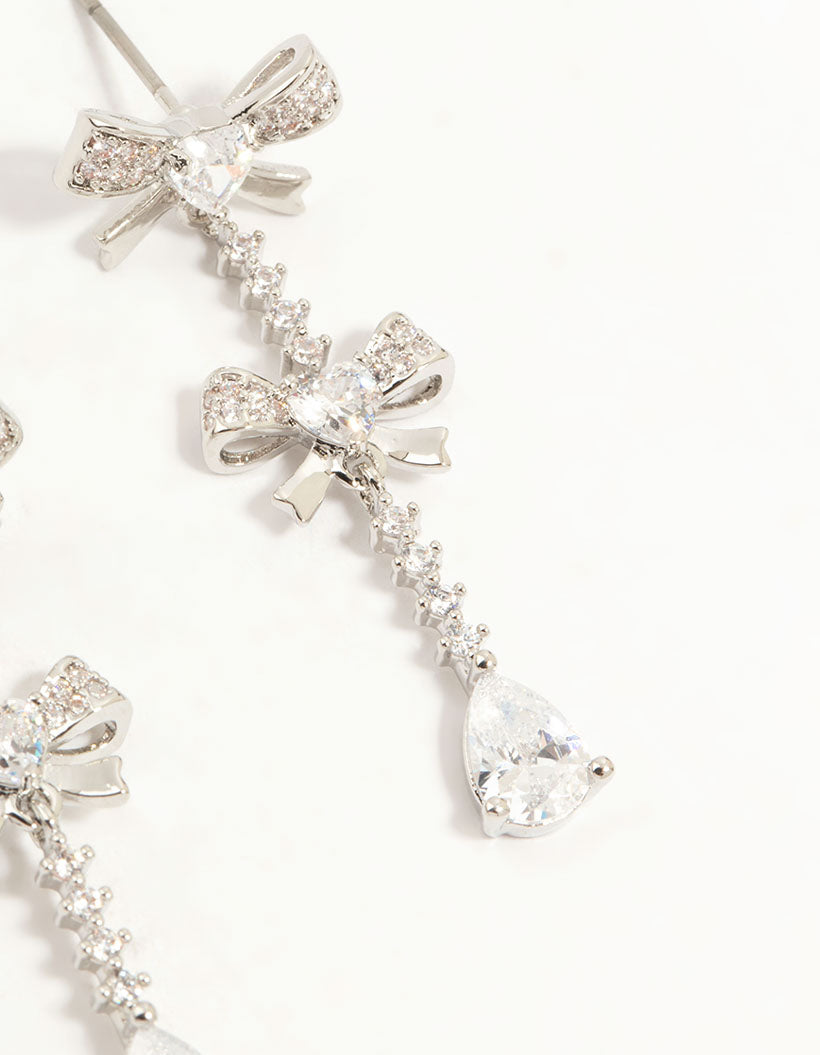 Silver Plated Cubic Zirconia Bow Drop Earrings