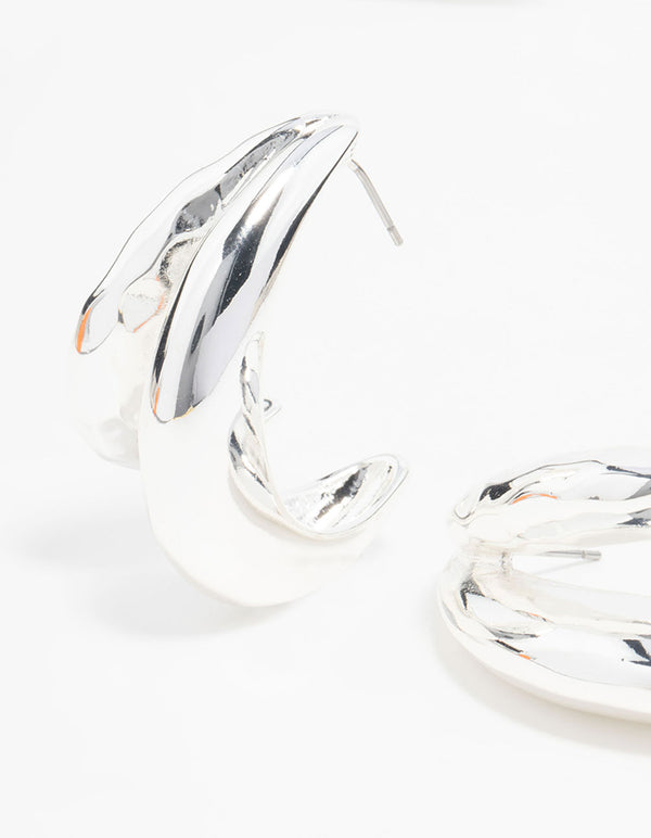 Silver Molten Double Row Hoop Earrings