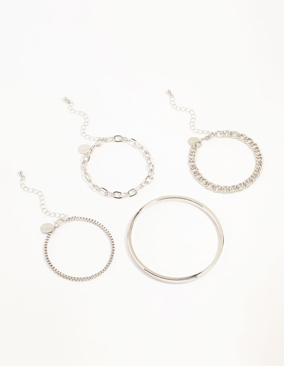 Silver Chain & Sleek Bracelets 4-Pack