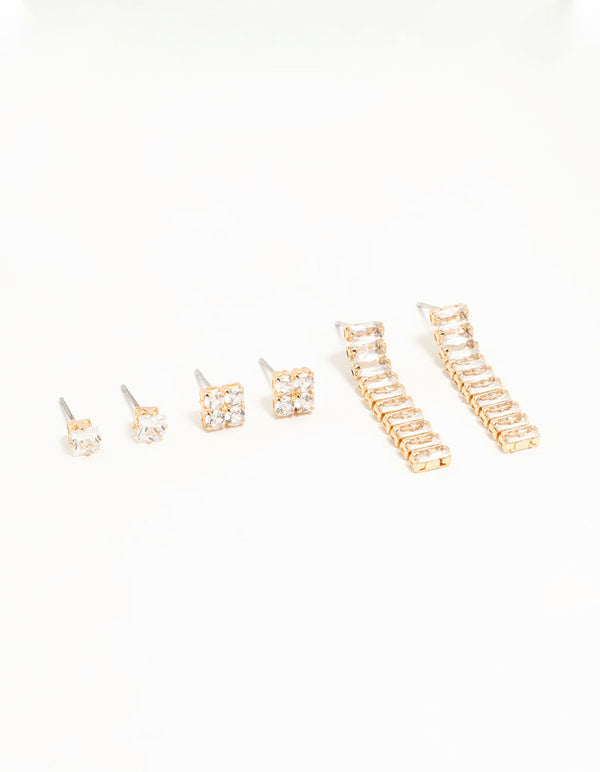 Gold Cubic Zirconia Stud Earrings 3-Pack