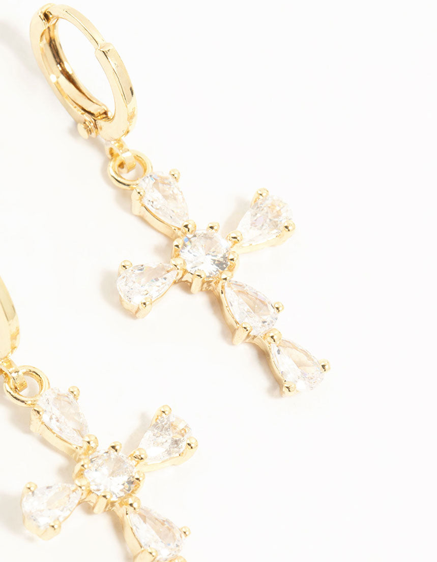 Gold Cubic Zirconia Cross Huggie Earrings
