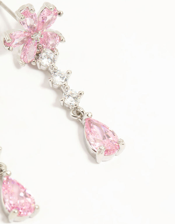 Silver Plated Pink Cubic Zirconia Flower Teardrop Stud Earrings