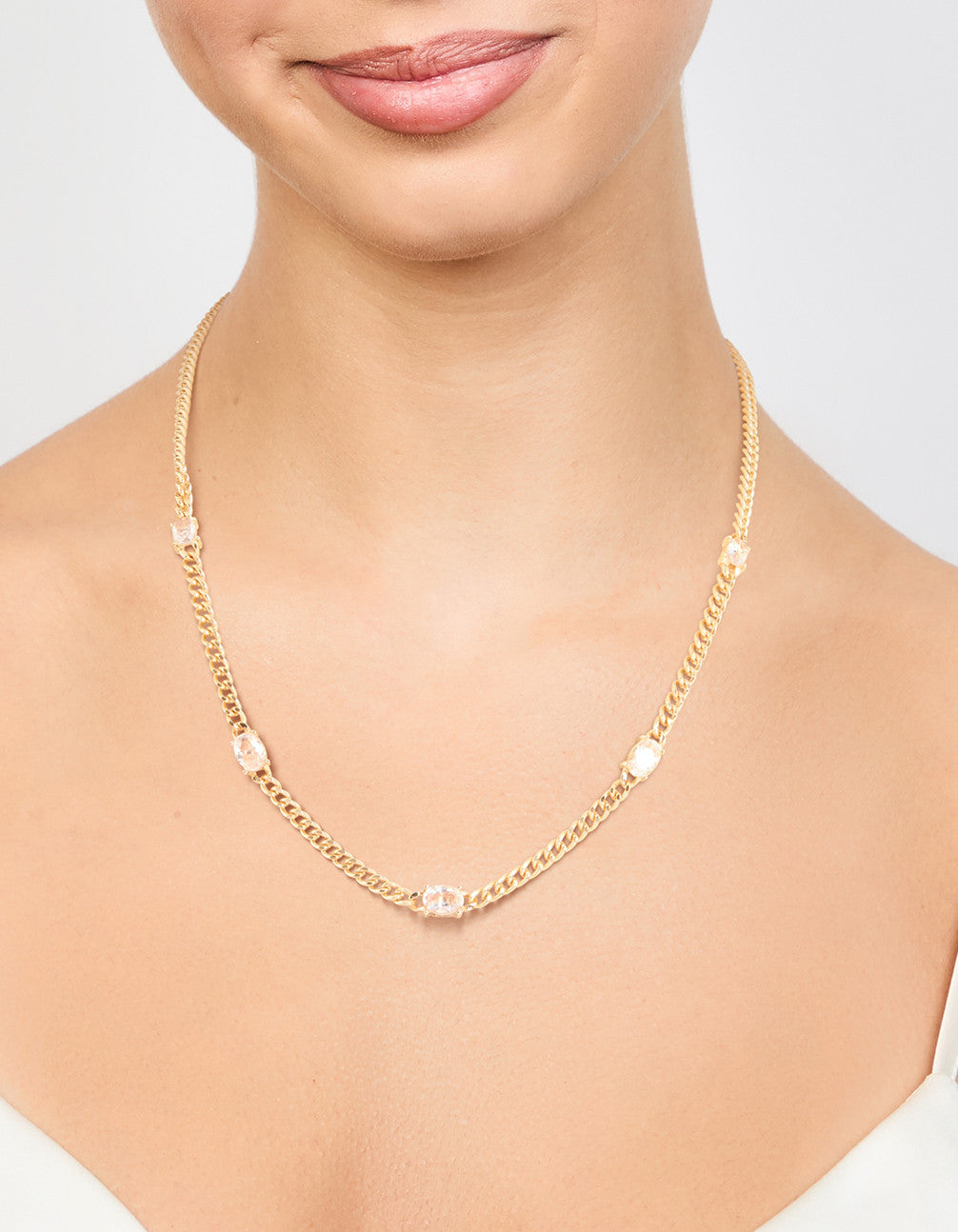 Gold Cubic Zirconia Chain Oval Stone Necklace