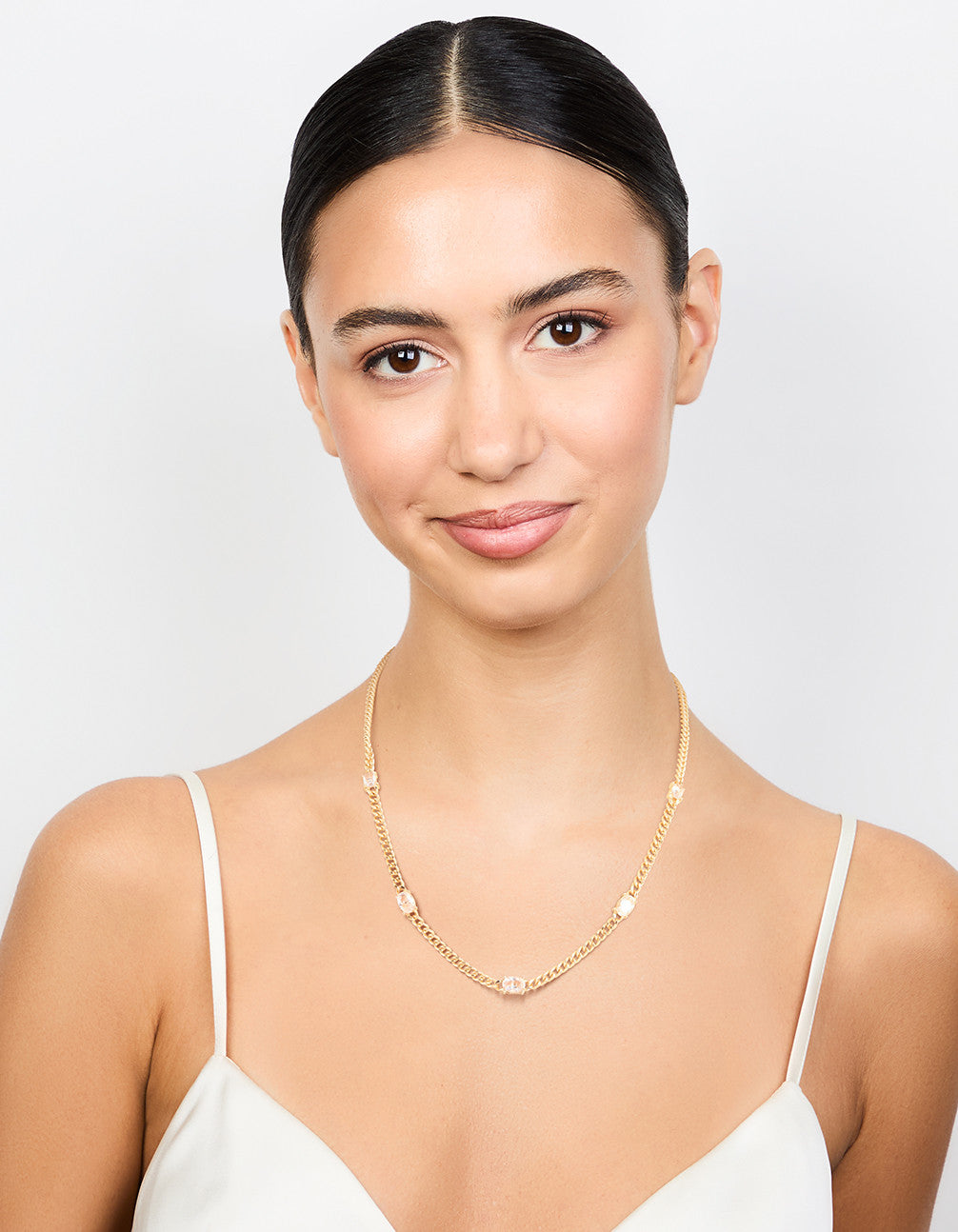 Gold Cubic Zirconia Chain Oval Stone Necklace