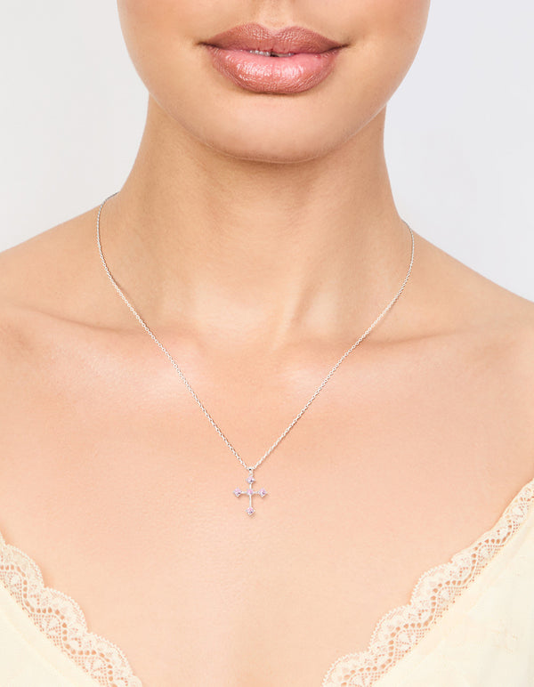 Silver Cubic Zirconia Round Cubic Zirconia Cross Pendant Necklace