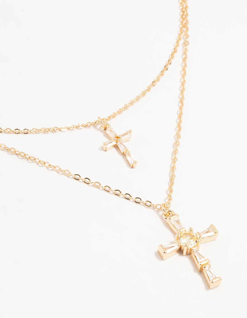 Gold Cubic Zirconia Cross Layered Necklace