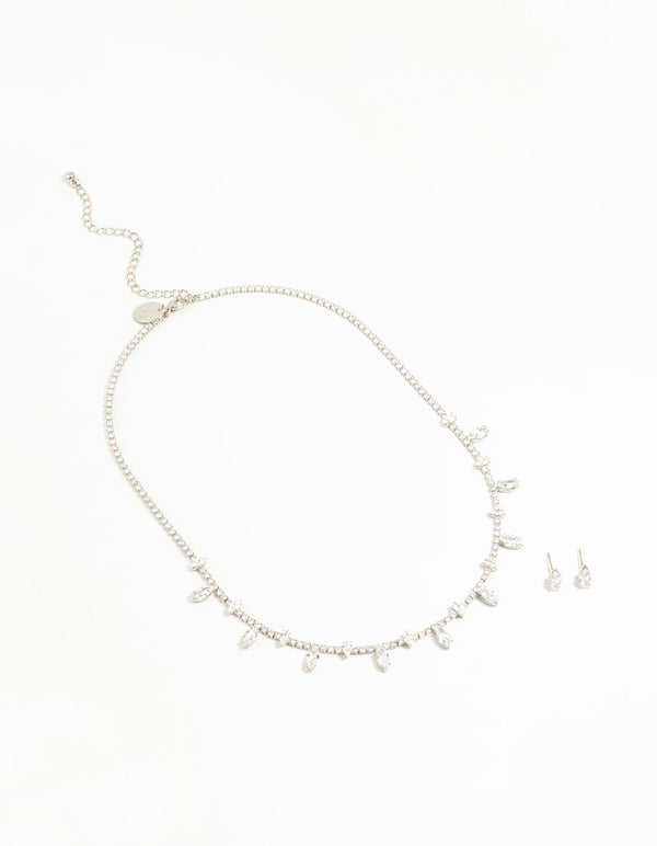 Silver Cubic Zirconia Navette Charm Earrings & Necklace Set