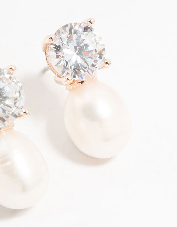 Rose Gold Plated Diamante Freshwater Pearl Drop Earrings