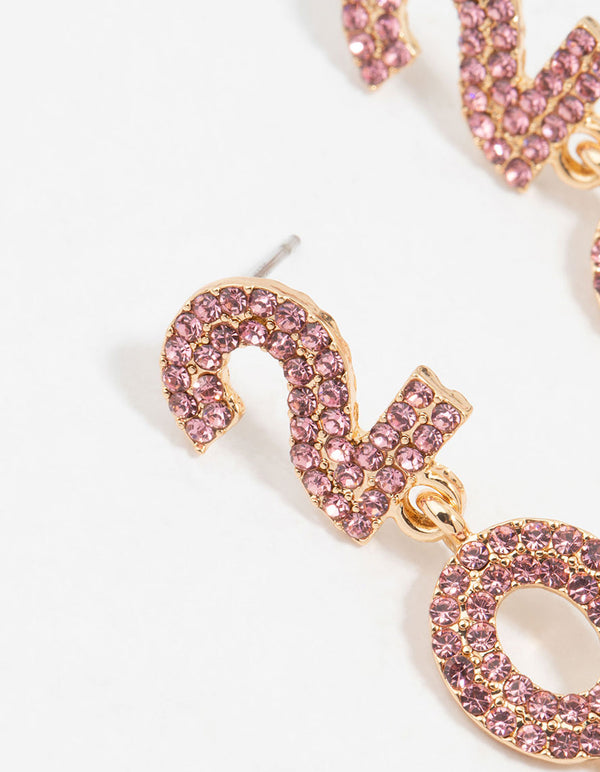 Gold Pink Diamante & Pearl 2025 Drop Earrings