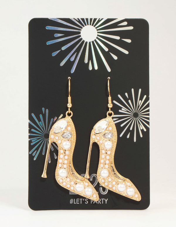 Gold Pearl Heels Drop Earrings