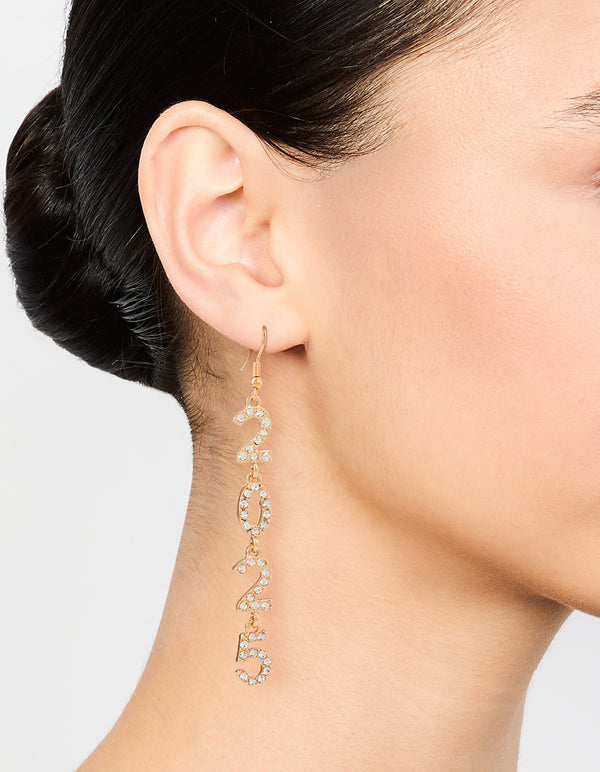 Gold 2025 Diamante Long Drop Earrings
