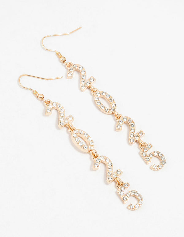 Gold 2025 Diamante Long Drop Earrings