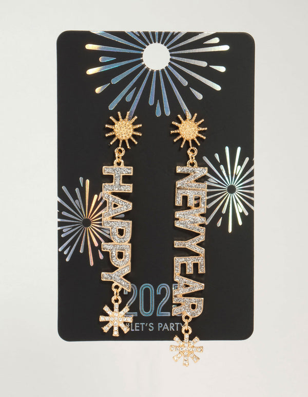 Gold Happy New Year's Eve Diamante Drop Earrings
