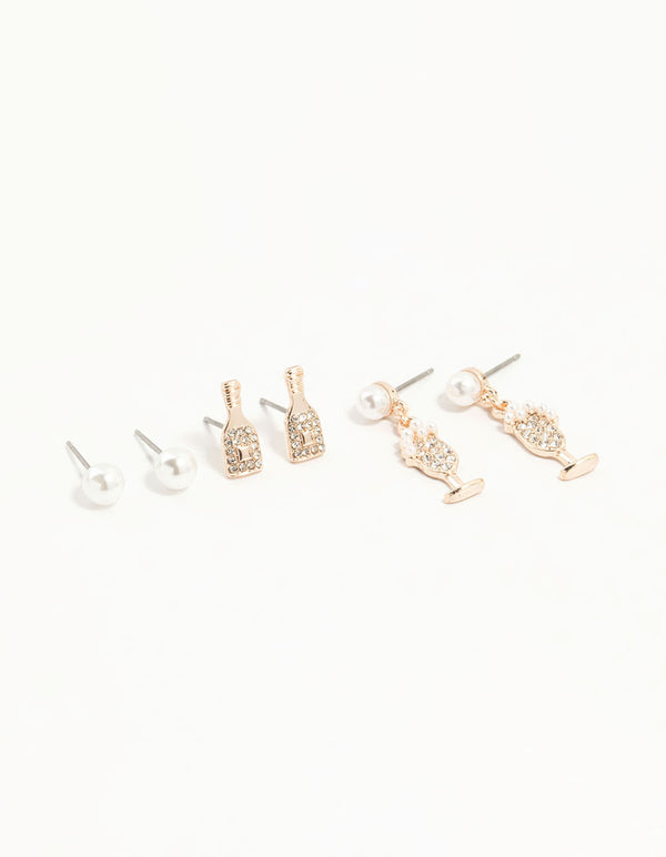 Rose Gold Pearl & Champagne Stud Earrings 3-Pack