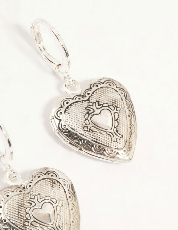 Antique Silver Heart Locket Drop Earrings