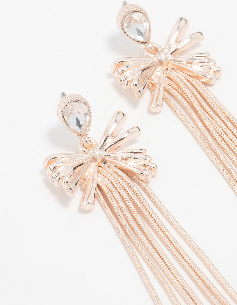 Rose Gold Rose Diamante Bow Chain Drop Earrings