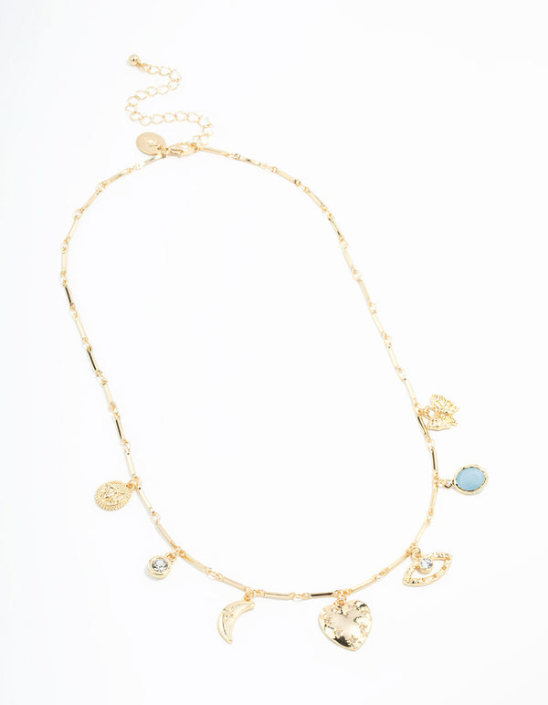 Gold Plated Heart & Moon Charm Necklace