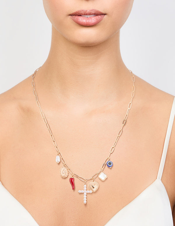 Gold Cross & Chili Charm Necklace