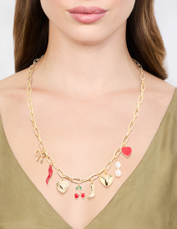 Gold Plated Chili & Cherry Charm Necklace