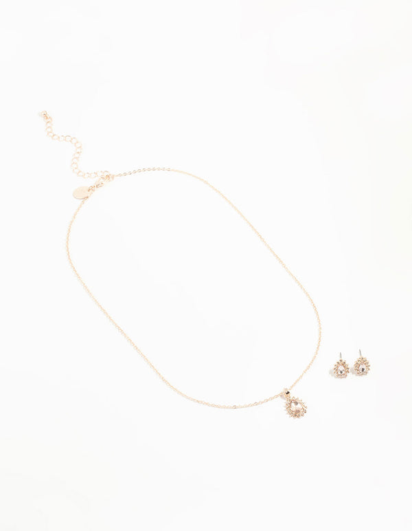 Rose Gold Diamante Teardrop Necklace & Earrings Set