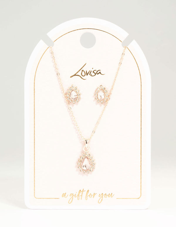 Rose Gold Diamante Teardrop Necklace & Earrings Set