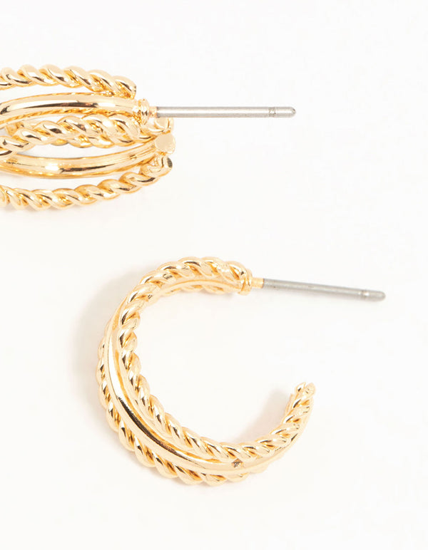 Gold Twisted and Plain Triple Huggie Earrings