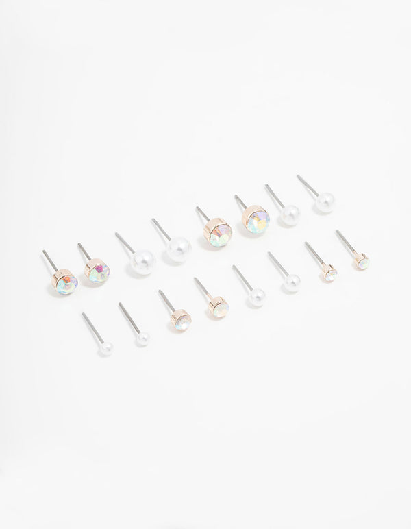 Rose Gold Round Pearl & Aurora Borealis Diamante Stud Earrings 8-Pack