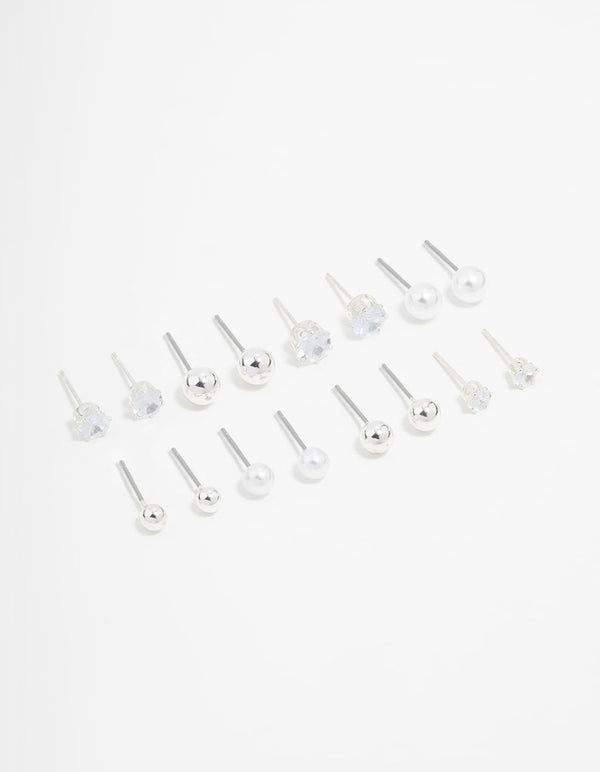 Silver Diamante & Pearl Stud Earrings 8-Pack