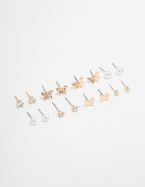 Gold Pearl, Diamante & Butterfly Stud Earrings 8-Pack